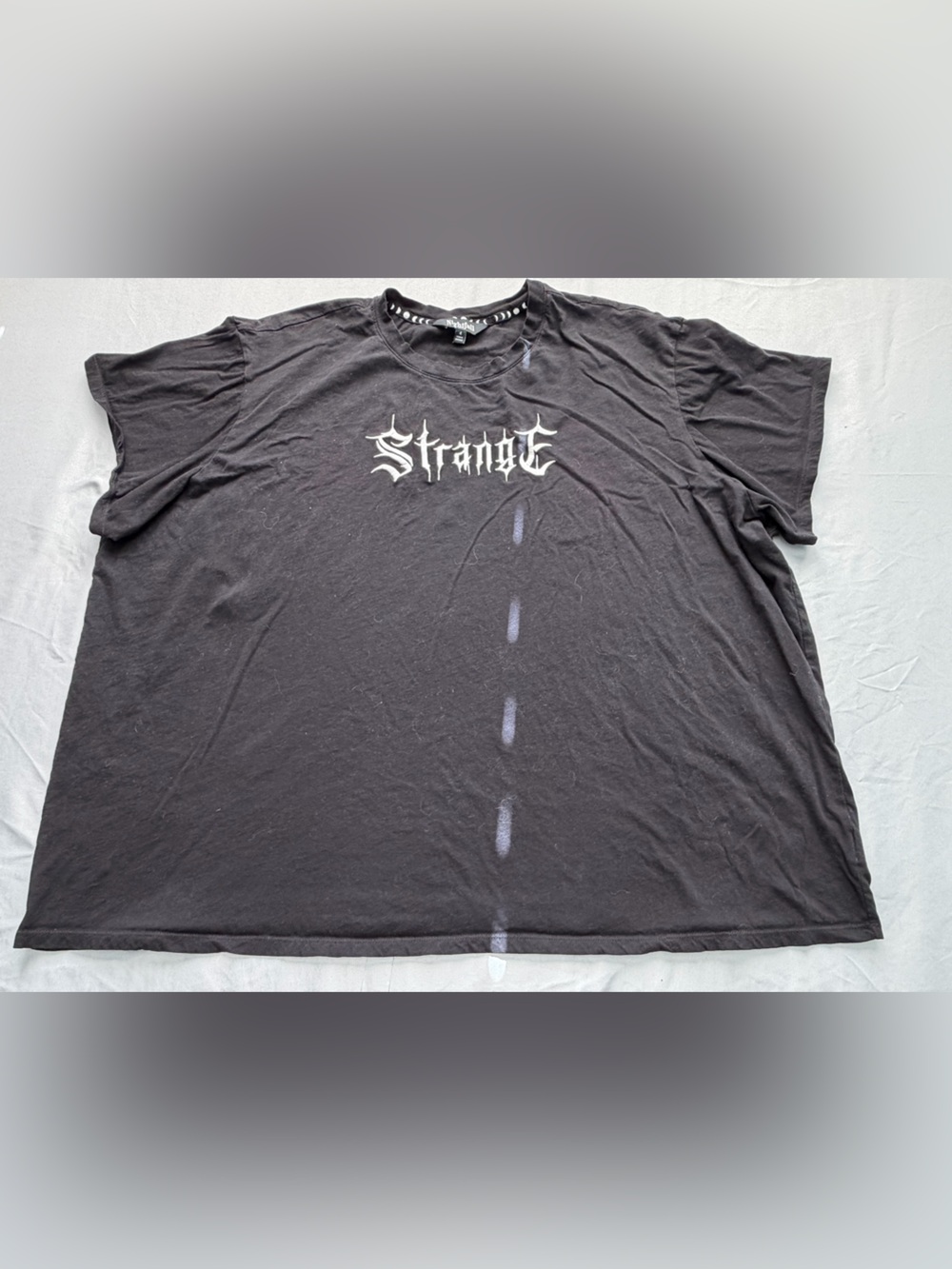 torrid Nightfall Black Short-Sleeve Tee with White 'Strange' Gothic Embroidery